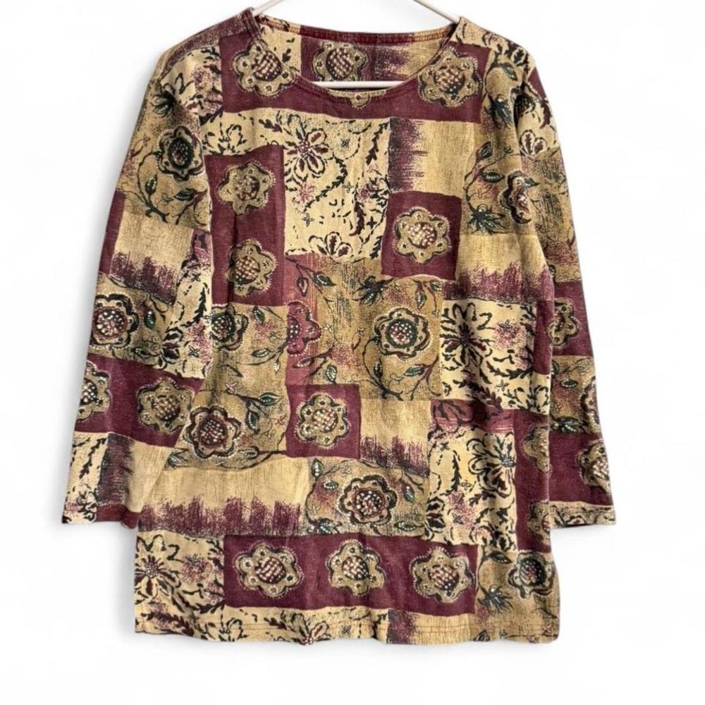 VNT New York Style Floral Patchwork Multicolored Red/Tan Boho Long Sleeve Top